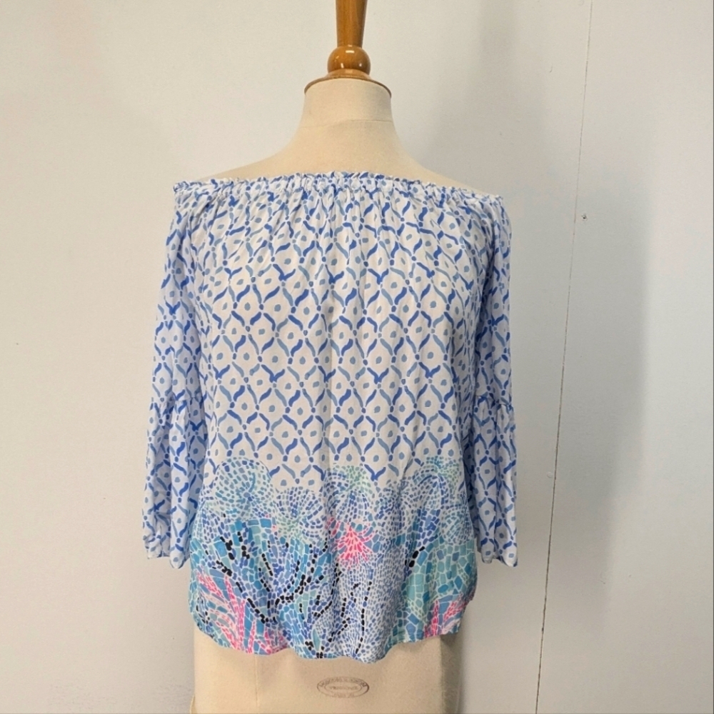 Lily Pulitzer Blue Off the Shoulder Mosaic Top Flowy Summer Vacation S Peasant